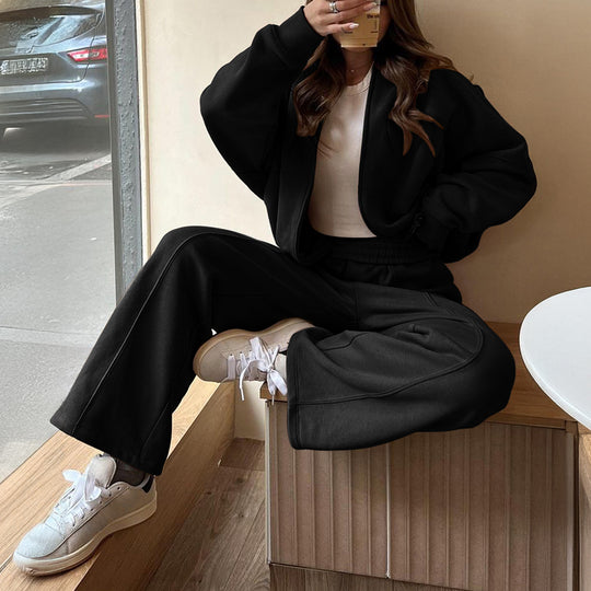 Damen nan Oversize-Zipjacke und hochgeschnittene Palazzohose aus weichem French-Terry EB