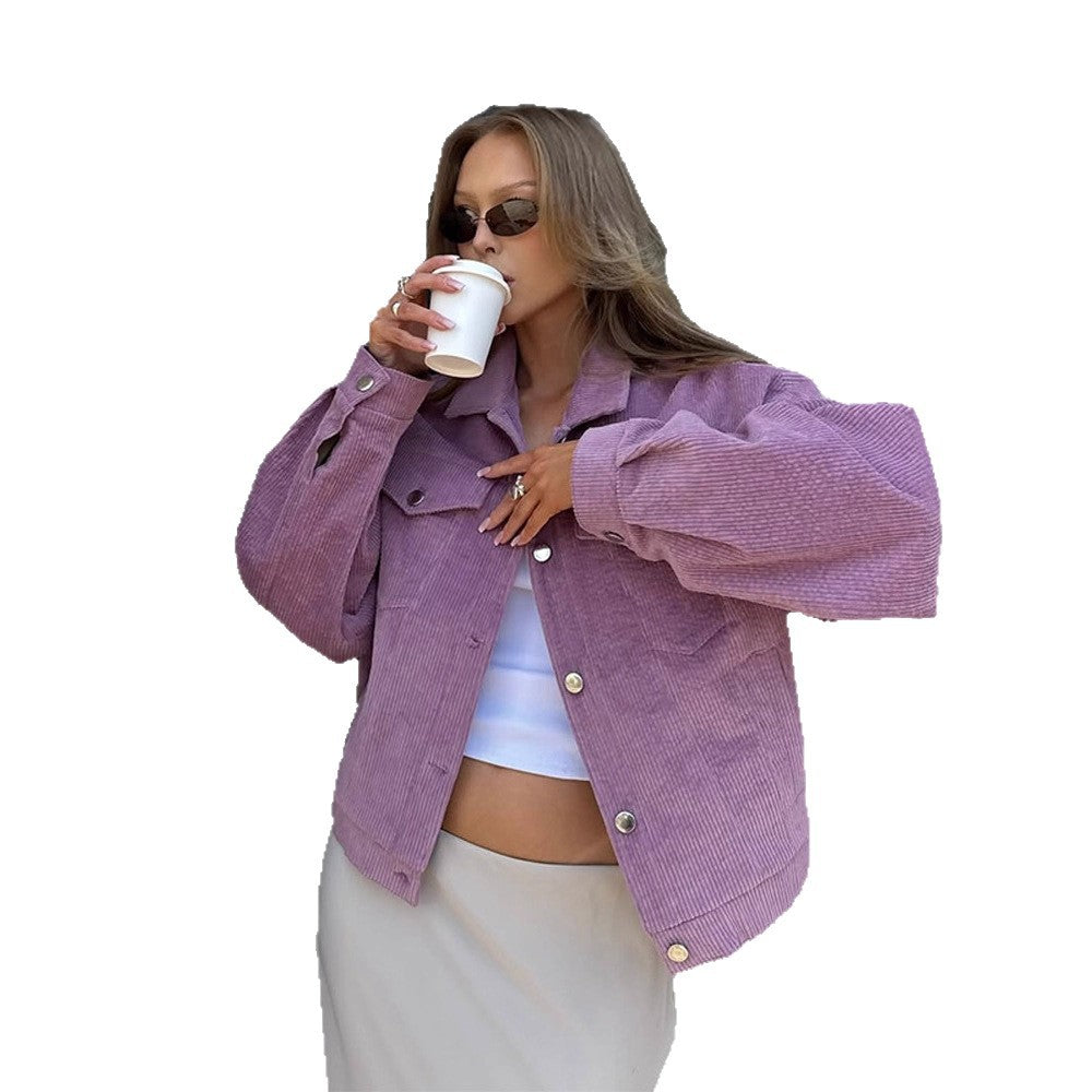 Damen Oversized Cordjacke mit praktischen Taschen und dezentem Streifenmuster EB