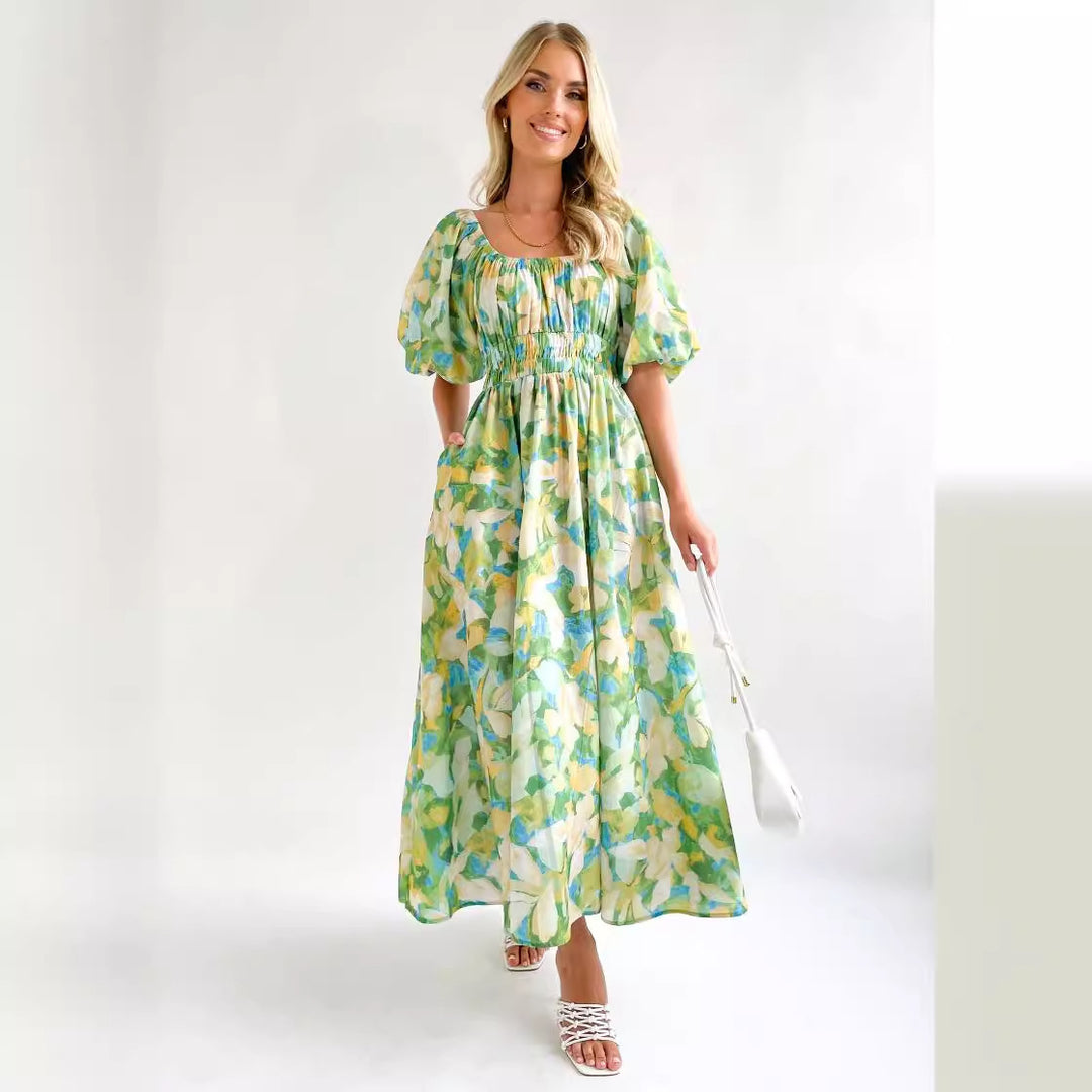 Damen Luftiges Maxikleid mit floralem Design und elastischem Taillenbund EB