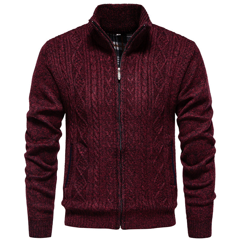 Herren nan grobgestrickter Cardigan mit Zopfmuster, Stehkragen und kariertem Innenfutter EB