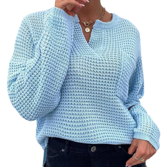Damen lässiger Strickpullover mit V-Ausschnitt und strukturierter Oberfläche EB
