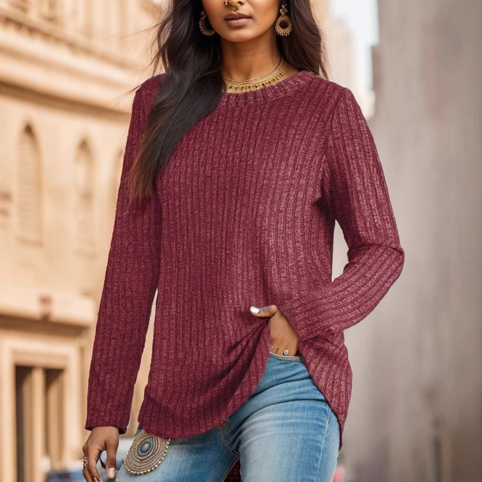 Damen Geripptes Feinstrick-Longsleeve mit Rundhalsausschnitt und asymmetrischem Saum EB
