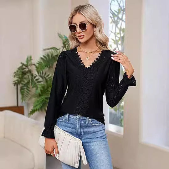 Damen elegante Bluse mit floralem Design und V-Ausschnitt EB