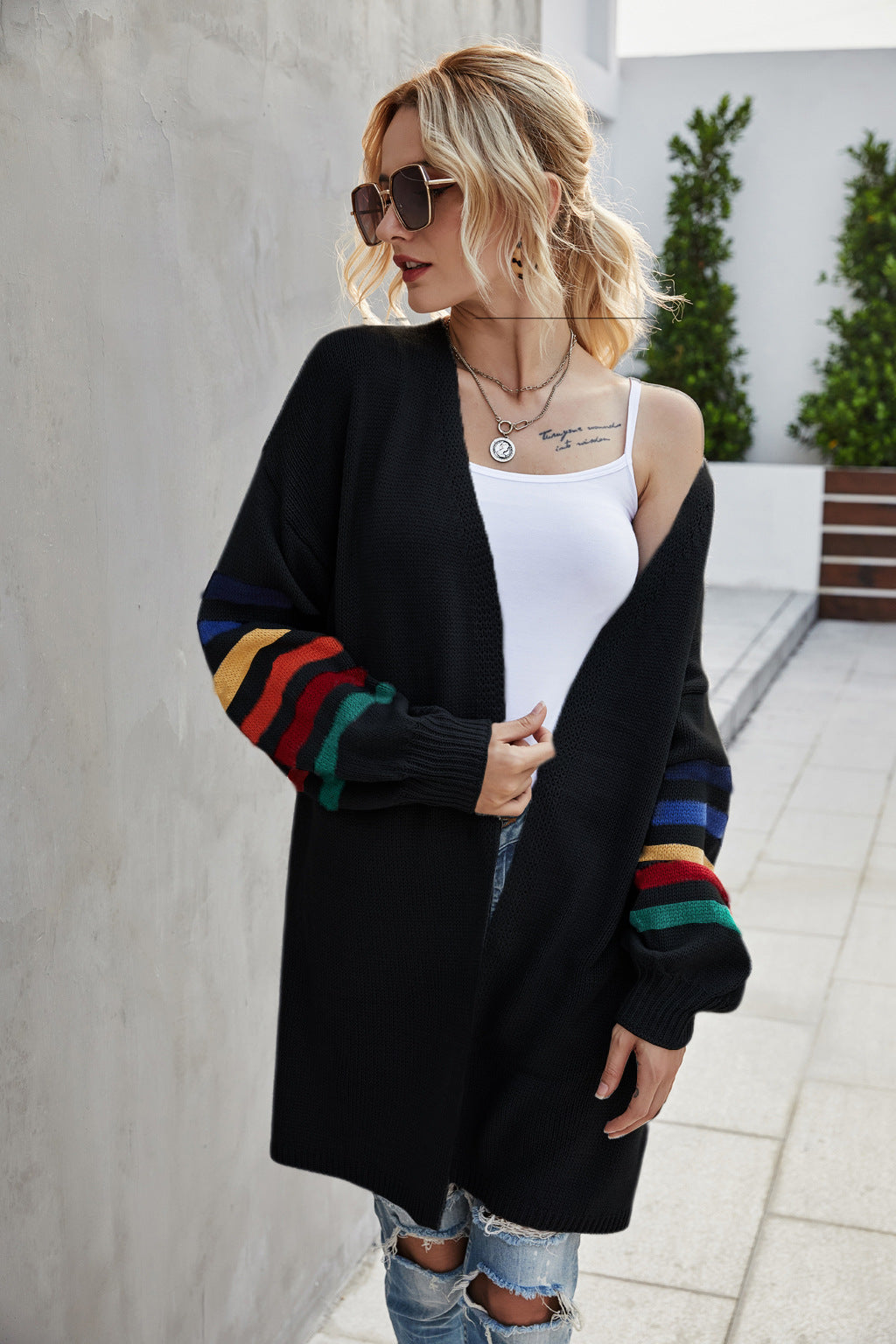 EB | Strickjacke Offene Front Langer Entspannter Schnitt Farbgestreifte Ärmel
