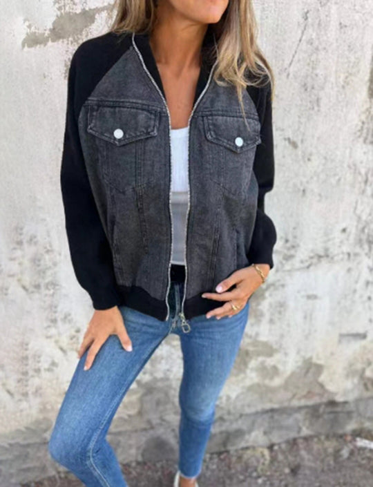 Damen lässige Sweaterjacke mit Denim-Style und Fleeceärmeln EB