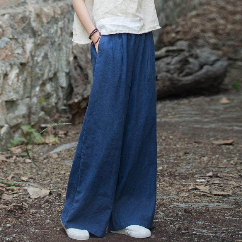 Damen weit geschnittene Leinenhose mit elastischem Bund und praktischen Taschen EB