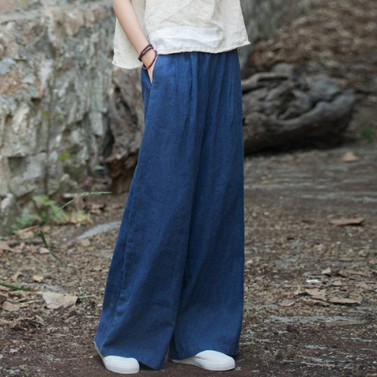 Damen weit geschnittene Leinenhose mit elastischem Bund und praktischen Taschen EB