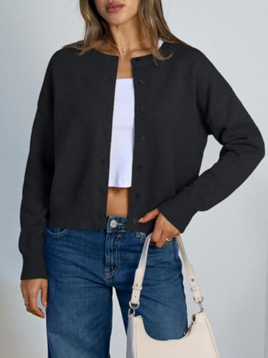 Damen Cropped Strickjacke im Boxy‑Schnitt mit Rundhals und Rippbündchen EB
