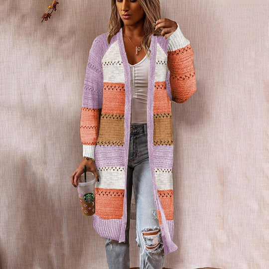 Damen Strickjacke im Retro-Patchwork-Stil mit langen Ärmeln und offenen Front EB