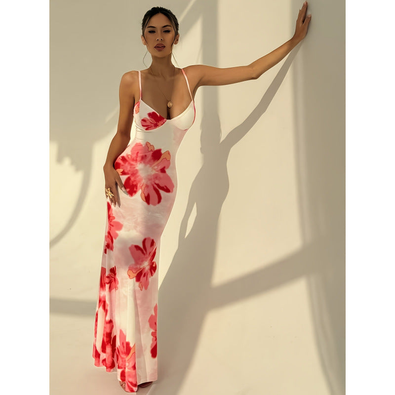 Damen Maxikleid mit zarten Spaghettiträgern und floralem Design EB