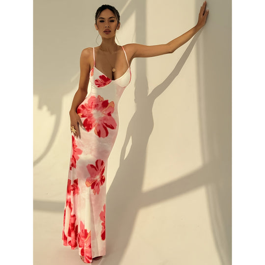 Damen Maxikleid mit zarten Spaghettiträgern und floralem Design EB
