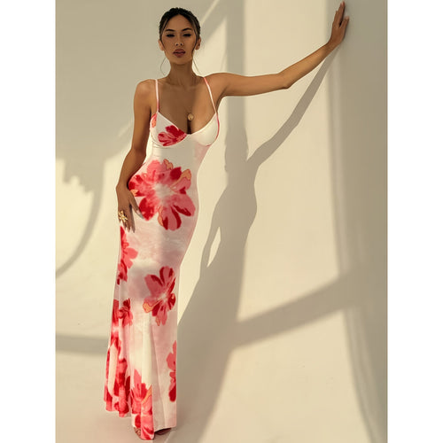 Damen Maxikleid mit zarten Spaghettiträgern und floralem Design EB