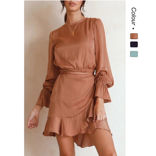 Damen Wickelkleid mit schwingenden Volant-Ärmeln und elegantem Taillenband EB