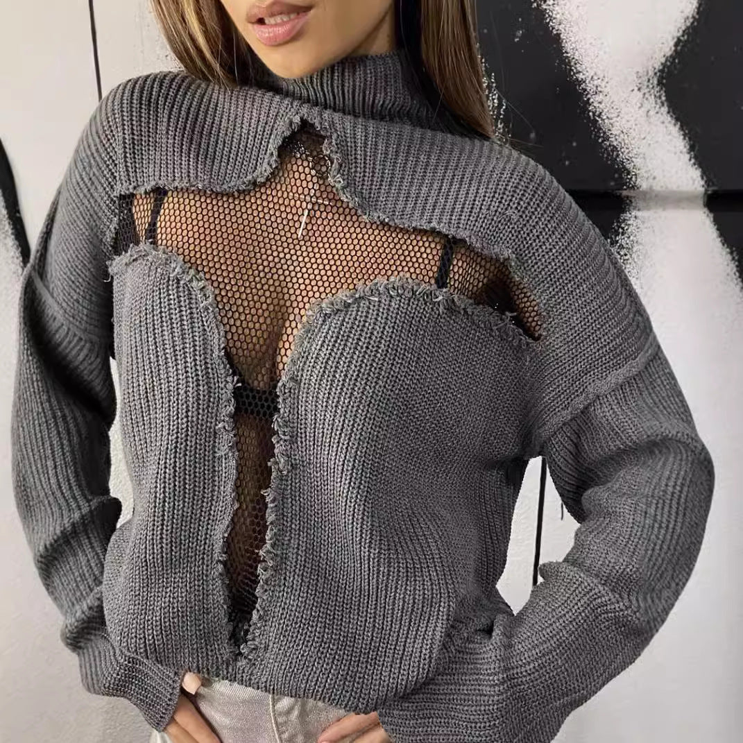 Damen Oversized Strickpullover mit aufregendem Mesh-Einsatz und unkonventionellem Design EB