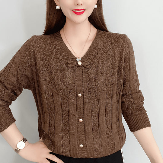 Damen Strickoberteil mit dekorativen Perlenknöpfen und raffiniertem Schleifen-Design EB