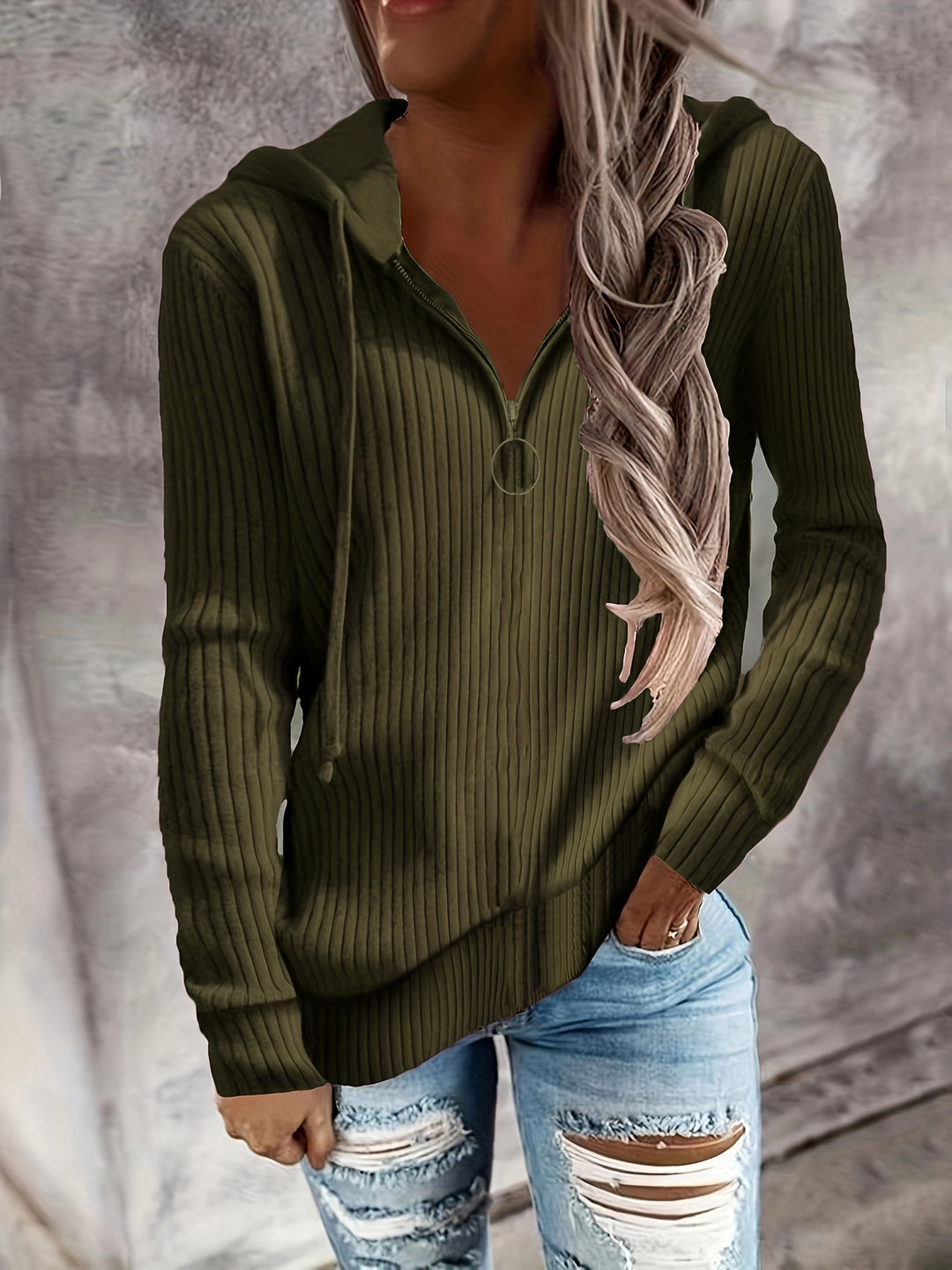 Damen lässiger Zip-Hoodie mit strukturiertem Rippmuster EB