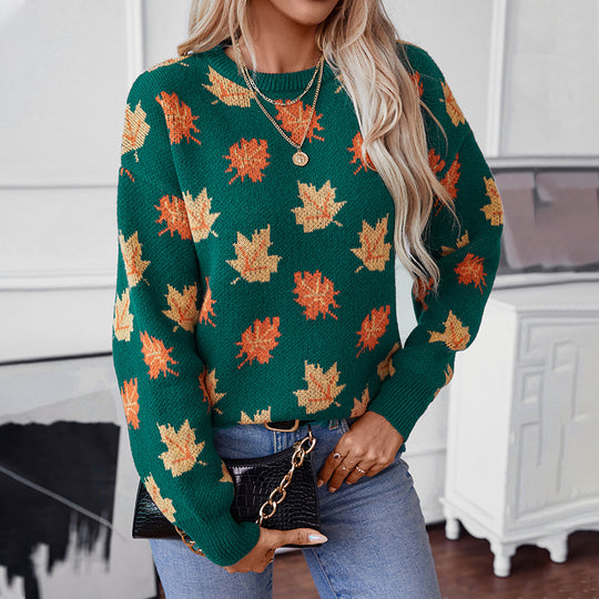 Damen Strickpullover mit strukturiertem Blättermotiv und Rundhalsausschnitt EB