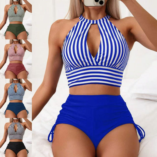 Damen Triangel-Bikini-Set mit gestreiftem Oberteil und hohem Bund EB