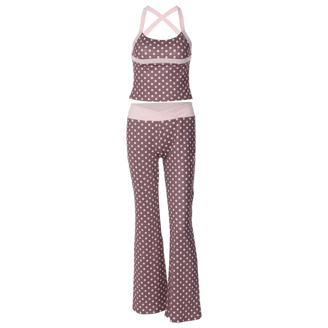 Damen Polka Dot Sportanzug mit cropped Oberteil und Flared Pants EB