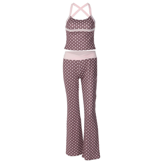 Damen Polka Dot Sportanzug mit cropped Oberteil und Flared Pants EB