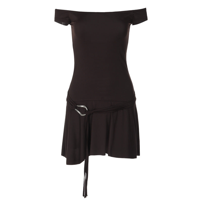 Damen Off-Shoulder Minikleid mit Taillengürtel und fließendem Rock EB
