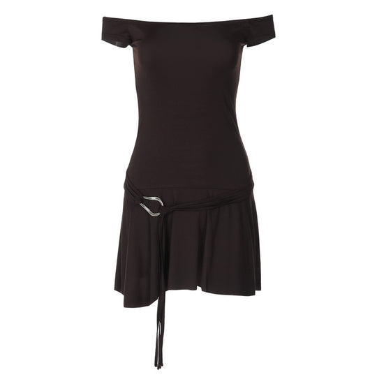 Damen Off-Shoulder Minikleid mit Taillengürtel und fließendem Rock EB