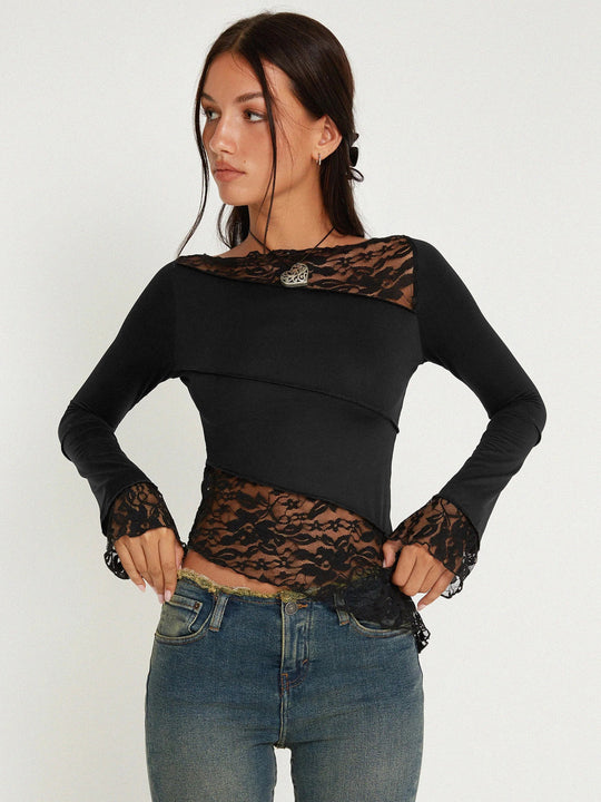 Damen Langarmshirt mit Spitzenakzenten und raffiniertem Schnitt EB