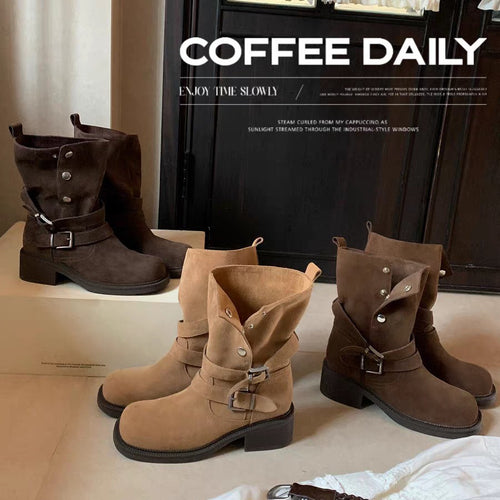 Damen Leder Stiefeletten mit dekorativem Riemen und robustem Blockabsatz EB