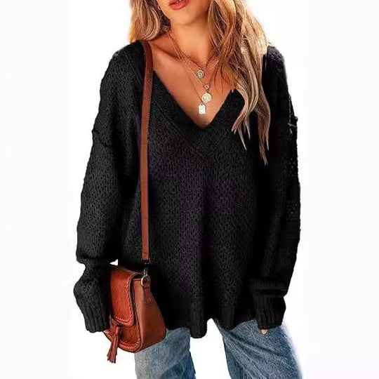 Damen Leicht gestrickter V-Ausschnitt Pullover mit lässigem Schnitt EB