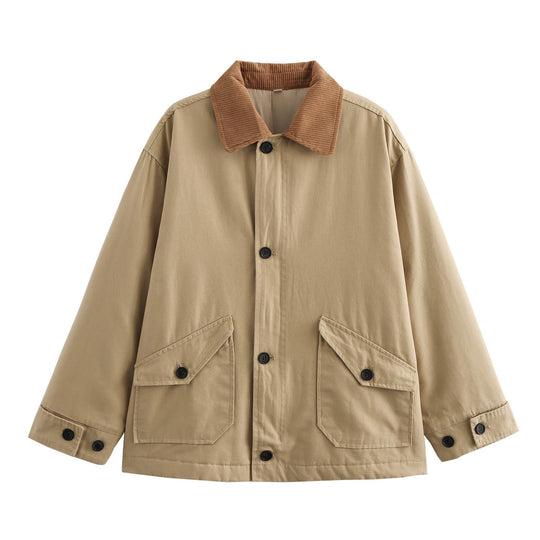 Damen lässige Übergangsjacke mit cordartigem Kragen und praktischen Taschen EB