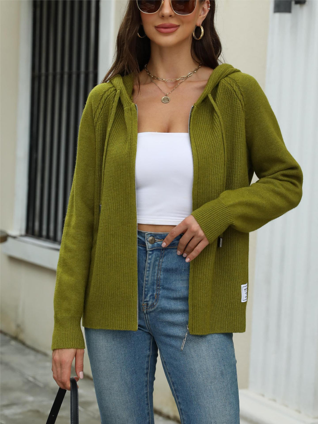Damen legerer Strickcardigan mit Kapuze und Reißverschluss EB