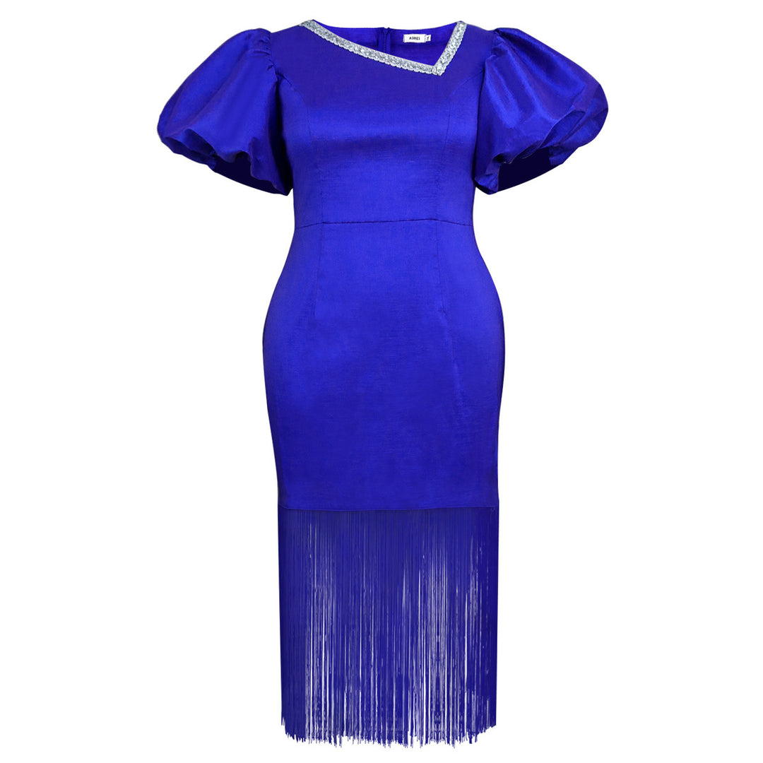 Damen Glamouröses Abendkleid mit voluminösen Puffärmeln und Fransen Saum EB