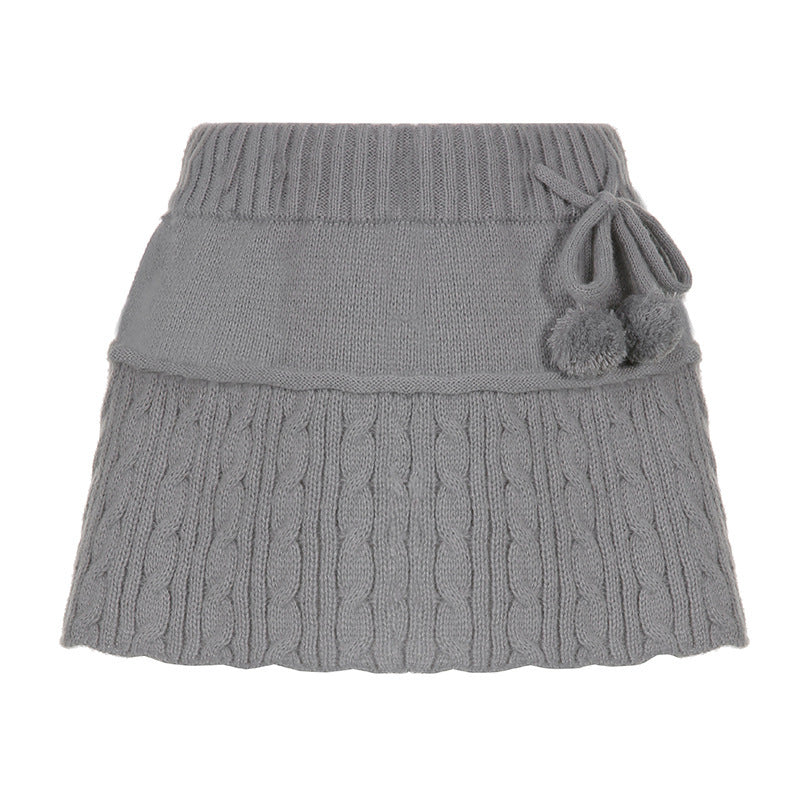 Damen gestrickter Minirock mit dekorativen Pompons und elastischem Bund EB