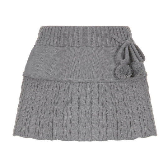 Damen gestrickter Minirock mit dekorativen Pompons und elastischem Bund EB
