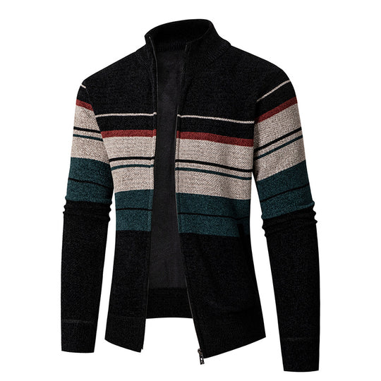Herren modische Strickjacke mit kontrastierenden Streifen und hochabschließendem Kragen EB