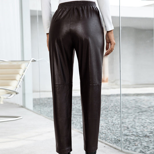 Damen modische Kunstlederhose mit elastischem Bund und seitlichen Taschen EB