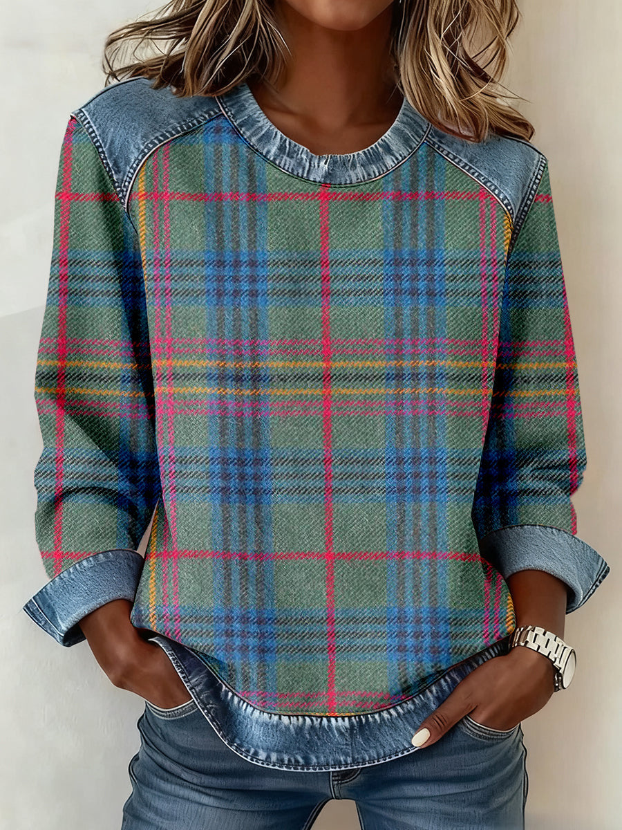 Damen nan gerippter Strickpullover mit Jeanskragen und Knopfleiste EB