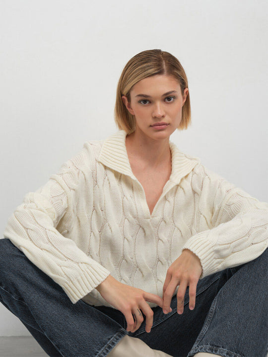 Damen Hoher Kragen Strickpullover mit Zopfmuster EB