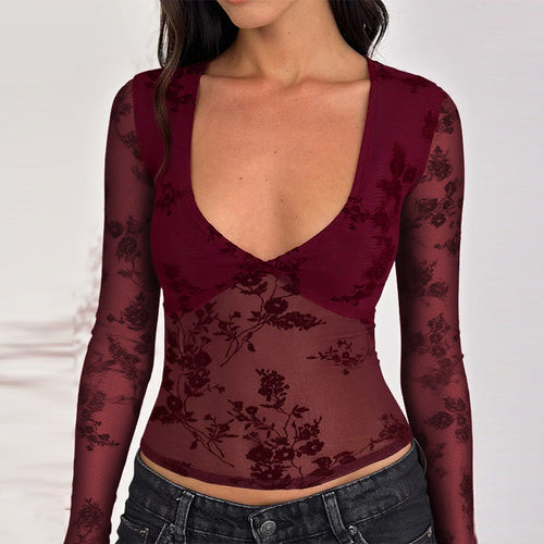 Damen Spitzenoberteil mit tiefem V-Ausschnitt und floralem Design EB