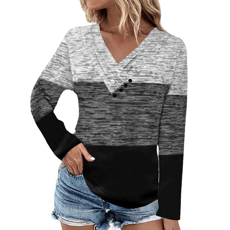 Damen Gerippter V-Ausschnitt Pullover mit Farbverlauf, Zierknöpfen und legerer Passform EB