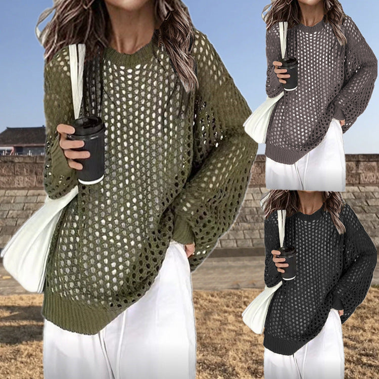 Damen luftiger Strickpullover mit modischer Netzstruktur EB