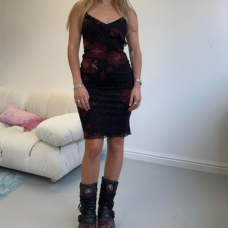 Damen figurbetontes Sommerkleid mit Rüschendetails und floralem Design EB
