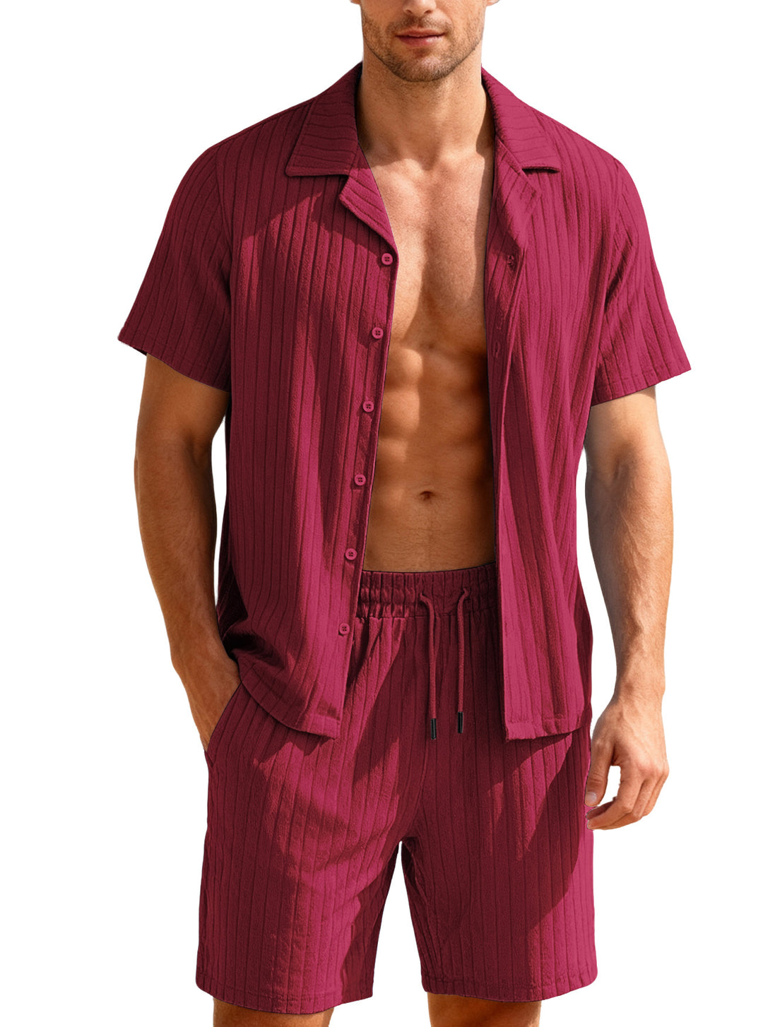Herren nan geripptes Feinstrick-Lounge-Set mit kurzärmligem Revershemd und Kordelshorts EB