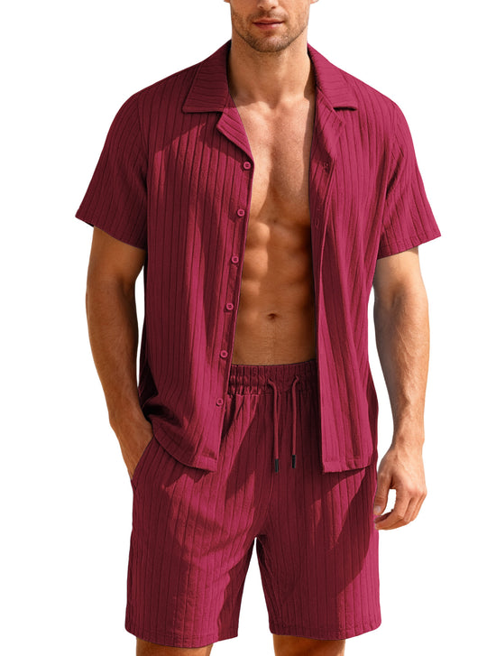 Herren nan geripptes Feinstrick-Lounge-Set mit kurzärmligem Revershemd und Kordelshorts EB