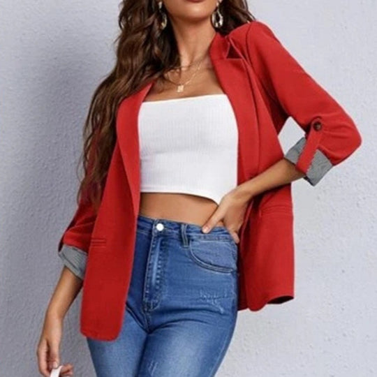 Damen stilvolle und vielseitige Blazerjacke mit umgeschlagenen Ärmeln EB