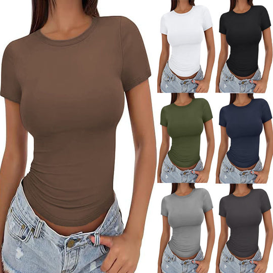 Damen figurbetontes Kurzarm-T-Shirt aus elastischem Material EB