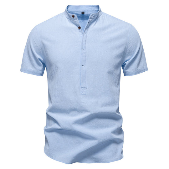 Herren nan lässiges Kurzarmshirt mit Stehkragen, halber Knopfleiste und leicht strukturierter Baumwoll-Leinen-Qualität EB