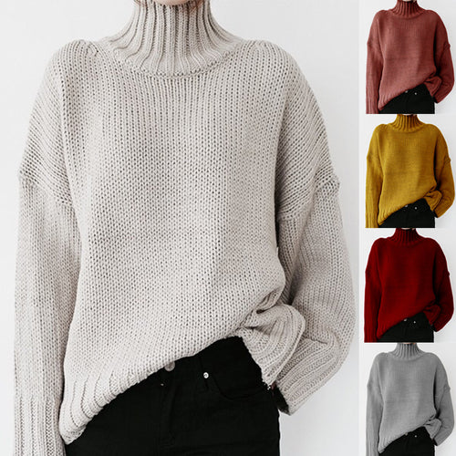 Damen Grobstrickpullover mit hohem Kragen und lässigem Schnitt EB