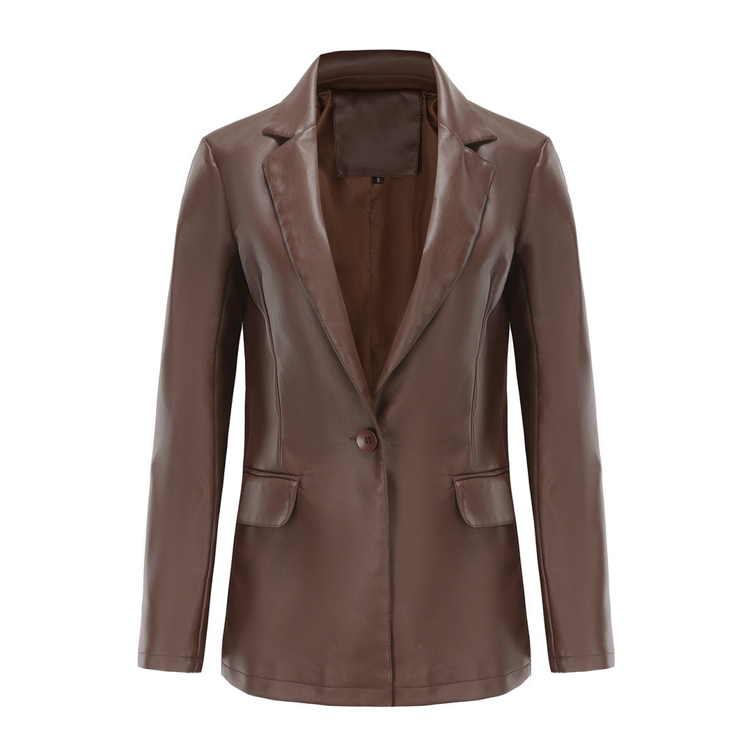 Damen nan taillierter Blazer aus Kunstleder mit Reverskragen und Pattentaschen EB