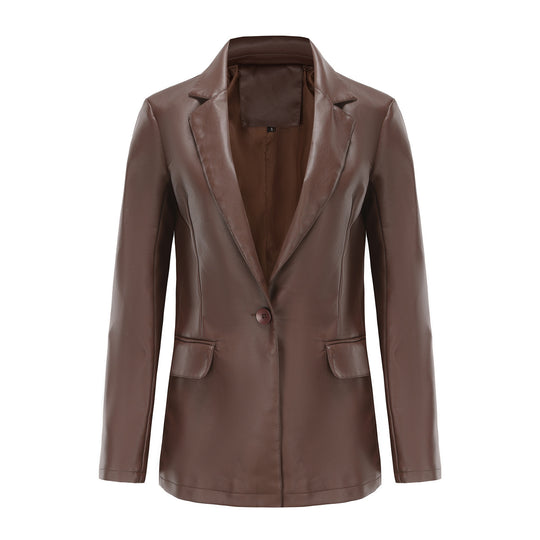 Damen nan taillierter Blazer aus Kunstleder mit Reverskragen und Pattentaschen EB
